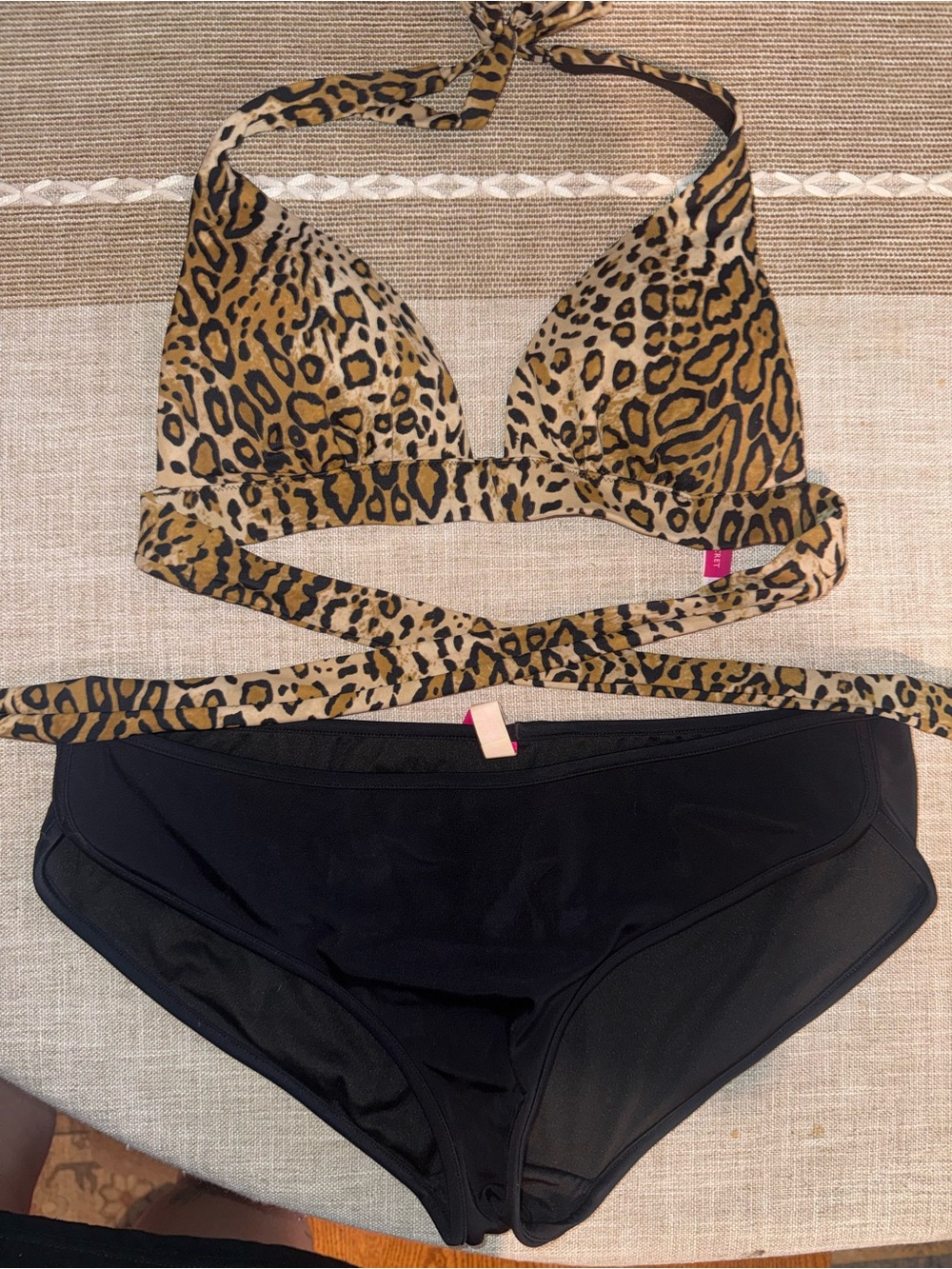 Victoria's Secret Leopard Halter Bikini Top with Black Bottoms